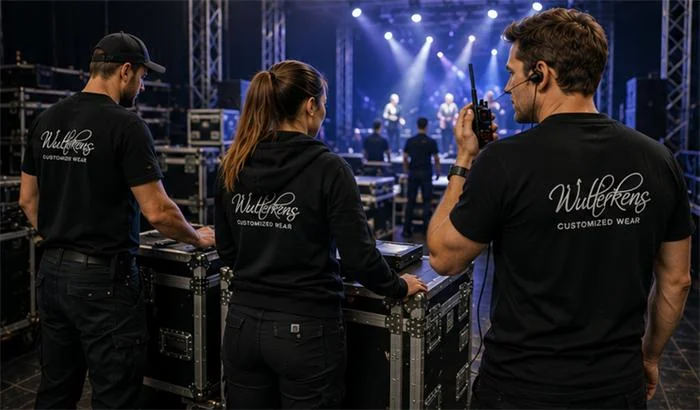 Crew in bedrukte Wulterkens-kleding tijdens een evenement
