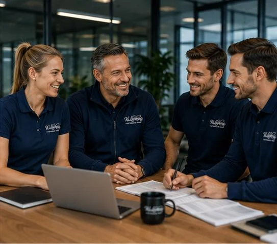 MKB-team in bedrukte Wulterkens-poloshirts tijdens overleg