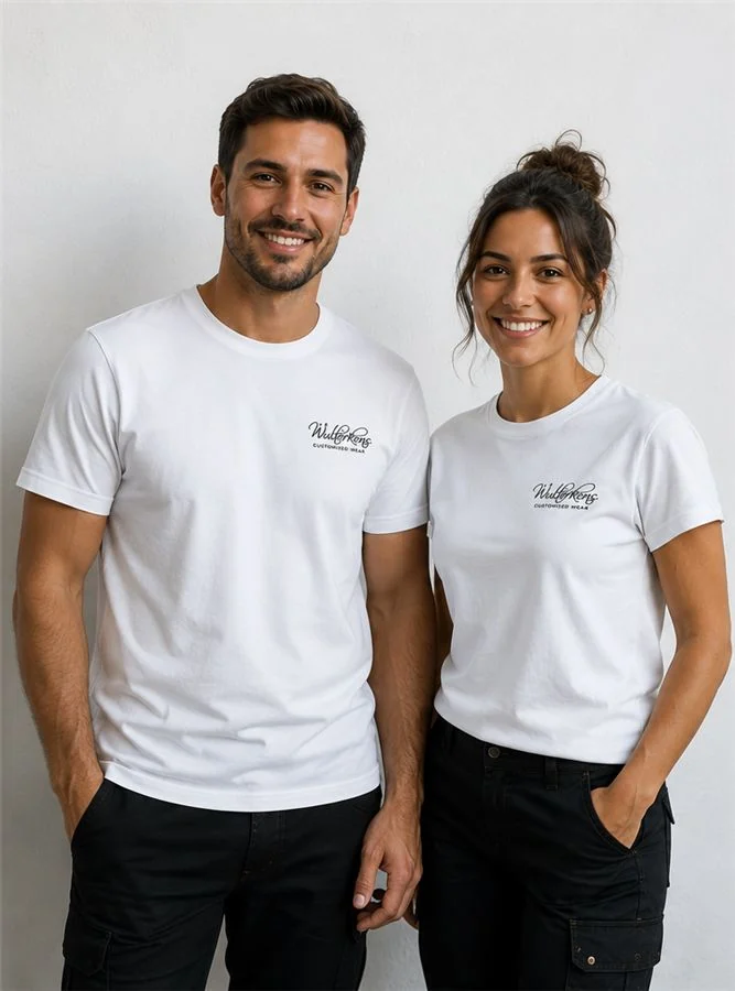 Model in wit Wulterkens T-shirt met logo op de borst